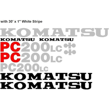 Aftermarket Komatsu PC 200LC Excavator Decal Set with 30' x 1" White Stripe KMPC200WHTDECALSET